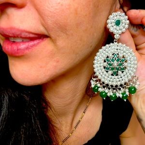 NWT boho Indian Desi Bollywood statement earring green silver white
